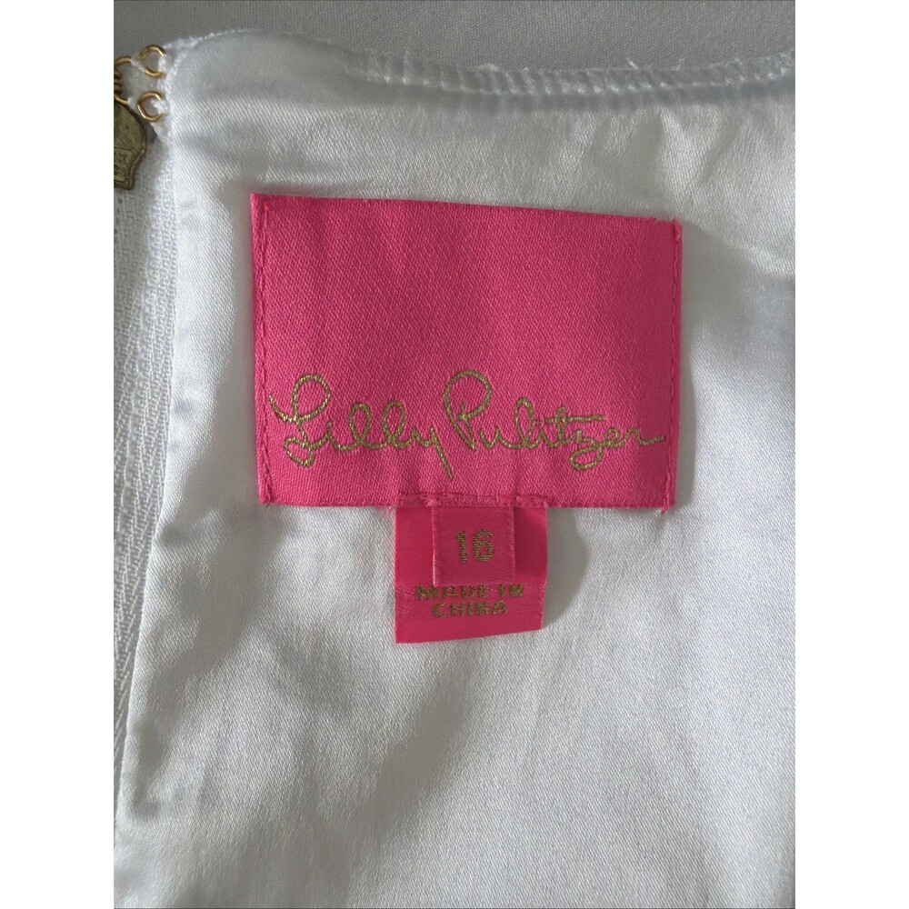Lilly Pulitzer Rubina Stretch Dress Sz 16 White Floral Jacquard Gold Trim EUC - Picture 4 of 13